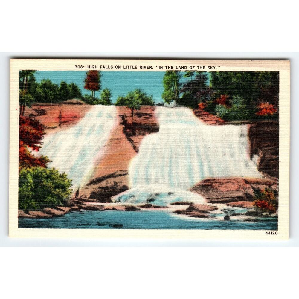 Vintage Linen Postcard High Falls Little River Land of the Sky NC